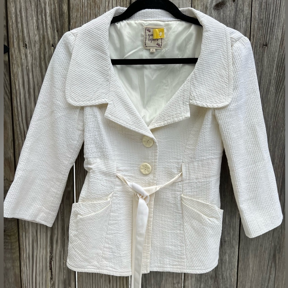 Nannette Lepore Vintage Ivory Tie Belted Textured Ribbed Blazer Jacket Women’s 2
